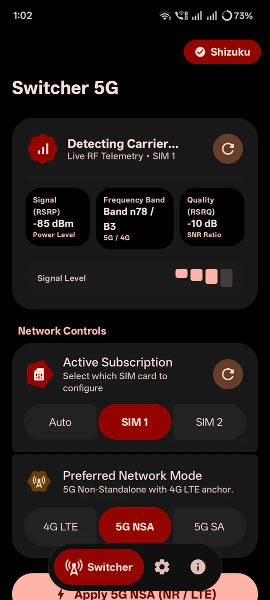 Switcher 5G dashboard screen